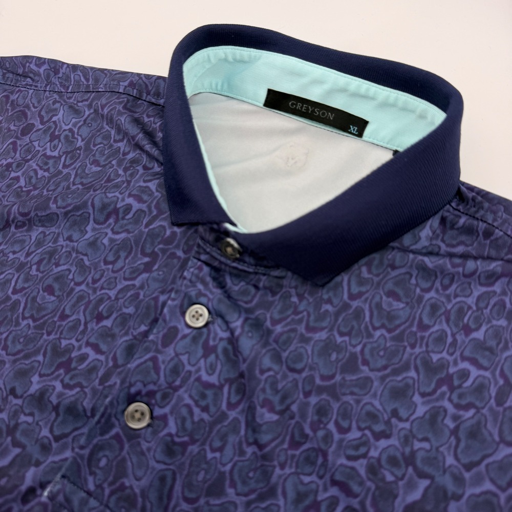 Greyson Polo Shirt Men XL Navy Purple Leopard Print Stretch Performance Golf